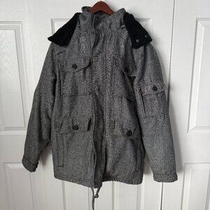 Vintage Innes Chevron Skater Wool Blend Black White Hooded Coat LARGE Y2K